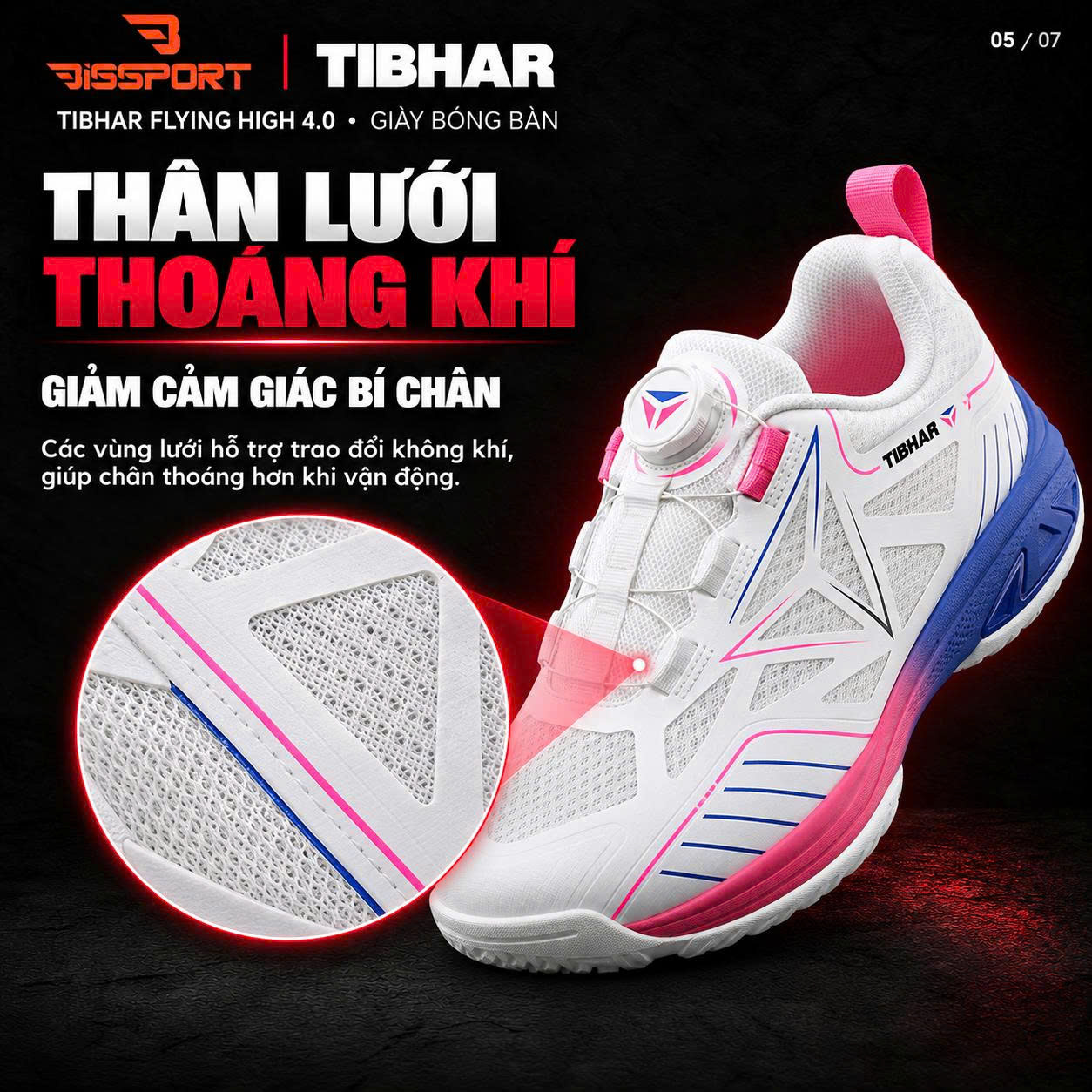 Giày Bóng Bàn TIBHAR Flying High 4.0 02603 Chính Hãng - Xanh Dương - Nhẹ Và Bám Sàn - Thoáng Khí - Chống Trượt